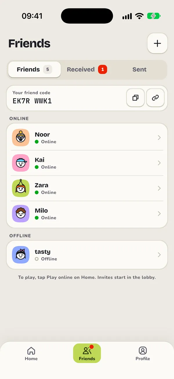Friends screen: your friend code at the top, then friends who are online and offline