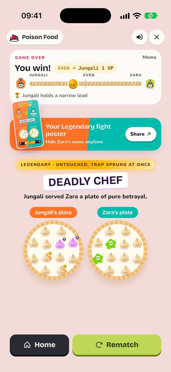 Poison result screen: You win, and the tally moves from even to Jungali one up